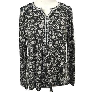 Lucky Brand Black Floral Boho Peasant Top Embroidered Split Neck Size S